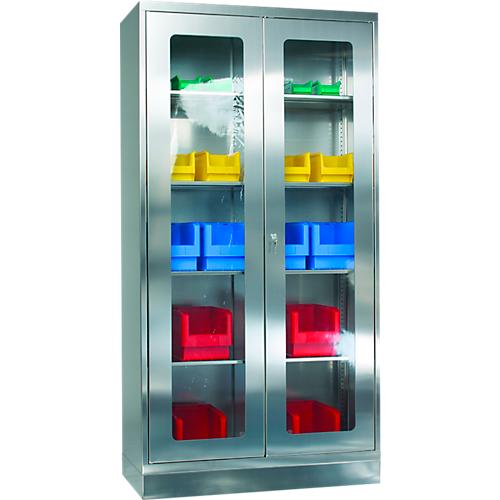 Edelstahl-Vitrinenschrank, 2-türig, mit Sockel, B 1000 x T 400 x H 1950 mm