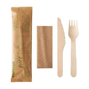 Einweg Besteck Set Papstar Pure, Messer, Gabel & Serviette, biologisch abbaubar, FSC®-zertifiziertes Birkenholz, 50 Stück in Papierbeutel Einweg Besteck Set Papstar Pure, Messer, Gabel & Serviette, biologisch abbaubar, FSC®-zertifiziertes Birkenholz, 50 Stück in Papierbeutel