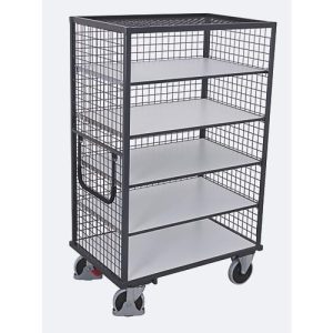 ESD-Drahtgitter-Etagenwagen, Stahl/Spanplatte, Graphitgrau/ Lichtgrau, 5 Etagen, 1045 x 685 mm, 3 Wände und Dach, EasySTOP, bis 500 kg ESD-Drahtgitter-Etagenwagen, Stahl/Spanplatte, Graphitgrau/ Lichtgrau, 5 Etagen, 1045 x 685 mm, 3 Wände und Dach, EasySTOP, bis 500 kg