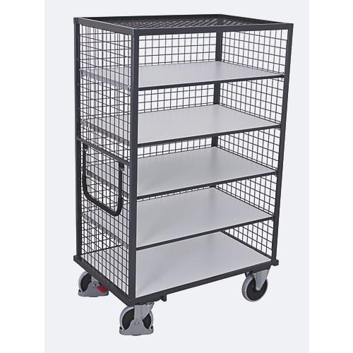 ESD-Drahtgitter-Etagenwagen, Stahl/Spanplatte, Graphitgrau/ Lichtgrau, 5 Etagen, 1245 x 785 mm, 3 Wände und Dach, EasySTOP, bis 500 kg