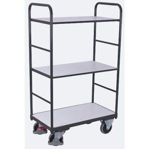 ESD-Etagenwagen, Stahl/Spanplatte, Graphitgrau/ Lichtgrau, 3 Etagen, 1000 x 600 mm, EasySTOP, bis 250 kg ESD-Etagenwagen, Stahl/Spanplatte, Graphitgrau/ Lichtgrau, 3 Etagen, 1000 x 600 mm, EasySTOP, bis 250 kg