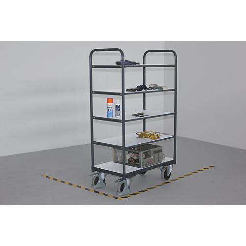 ESD-Etagenwagen, Stahl/Spanplatte, Graphitgrau/ Lichtgrau, 5 Etagen, 1000 x 600 mm, EasySTOP, bis 250 kg