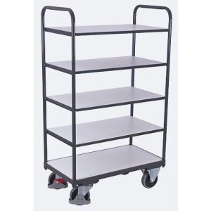 ESD-Etagenwagen, Stahl/Spanplatte, Graphitgrau/ Lichtgrau, 5 Etagen, 850 x 500 mm, EasySTOP, bis 250 kg ESD-Etagenwagen, Stahl/Spanplatte, Graphitgrau/ Lichtgrau, 5 Etagen, 850 x 500 mm, EasySTOP, bis 250 kg