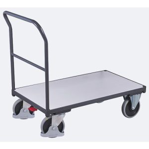 ESD Schiebebügelwagen, Stahl/Spanplatte, Graphitgrau/Lichtgrau, L 1230 x B 800 mm, mit Querstrebe, TPE-Rollen mit EasySTOP, bis 500 kg ESD Schiebebügelwagen, Stahl/Spanplatte, Graphitgrau/Lichtgrau, L 1230 x B 800 mm, mit Querstrebe, TPE-Rollen mit EasySTOP, bis 500 kg