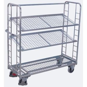 Etagenwagen, Stahl/Drahtgitter, silber, 3 Etagen, 1400 x 550 mm, 2 Stirnwände mit Rundstahlverstrebung, EasySTOP, bis 250 kg Etagenwagen, Stahl/Drahtgitter, silber, 3 Etagen, 1400 x 550 mm, 2 Stirnwände mit Rundstahlverstrebung, EasySTOP, bis 250 kg