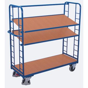 Etagenwagen, Stahl/MDF-Platte, Enzianblau/Buche-Dekor, 3 Etagen, 1355 x 550 mm, Stirnwände mit Rundstahlverstrebung, EasySTOP, bis 250 kg Etagenwagen, Stahl/MDF-Platte, Enzianblau/Buche-Dekor, 3 Etagen, 1355 x 550 mm, Stirnwände mit Rundstahlverstrebung, EasySTOP, bis 250 kg