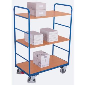 Etagenwagen, Stahl/MDF-Platte, Enzianblau/Buche-Dekor, 3 Etagen, 850 x 500 mm, EasySTOP, bis 250 kg Etagenwagen, Stahl/MDF-Platte, Enzianblau/Buche-Dekor, 3 Etagen, 850 x 500 mm, EasySTOP, bis 250 kg