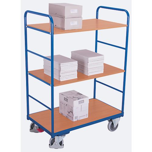 Etagenwagen, Stahl/MDF-Platte, Enzianblau/Buche-Dekor, 3 Etagen, 850 x 500 mm, EasySTOP, bis 250 kg