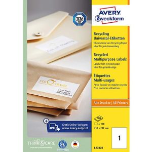 Etiketten AVERY® Zweckform, für Druckertyp Inkjet/Laser, rechteckig, nachhaltig, A4 Format, Papier, naturweiß, 100 Etiketten, B 297 x H 210 mm Etiketten AVERY® Zweckform, für Druckertyp Inkjet/Laser, rechteckig, nachhaltig, A4 Format, Papier, naturweiß, 100 Etiketten, B 297 x H 210 mm