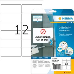 Etiketten HERMA 10017, 99,1 x 42,3 mm, 300 Stück, auf DIN A4, selbstklebend, stark haftend, Papier, mattweiß Etiketten HERMA 10017, 99,1 x 42,3 mm, 300 Stück, auf DIN A4, selbstklebend, stark haftend, Papier, mattweiß