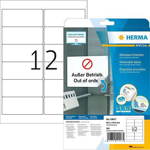 Etiketten HERMA 10017, 99,1 x 42,3 mm, 300 Stück, auf DIN A4, selbstklebend, stark haftend, Papier, mattweiß