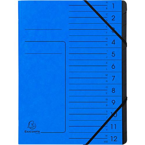 Exacompta Dokumentenmappe, DIN A4, Gummizugverschluss, Karton, 12 Fächer, blau