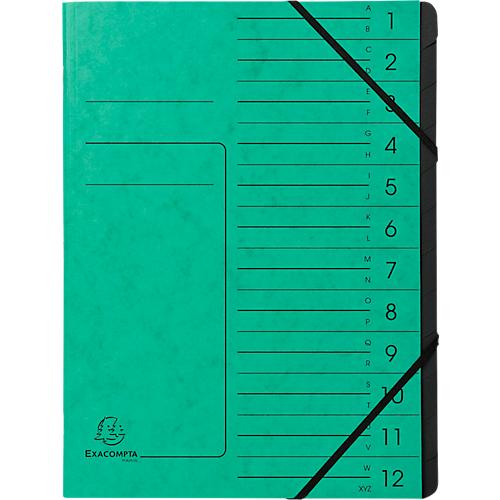 Exacompta Dokumentenmappe, DIN A4, Gummizugverschluss, Karton, 12 Fächer, grün