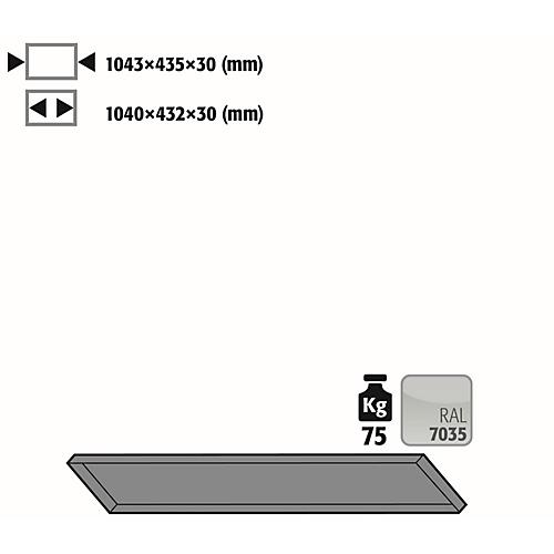 Fachboden Standard für asecos Druckgasflaschenschränke, Stahlblech, lichtgrau, B 1043 x T 435 x H 30 mm, bis 75 kg
