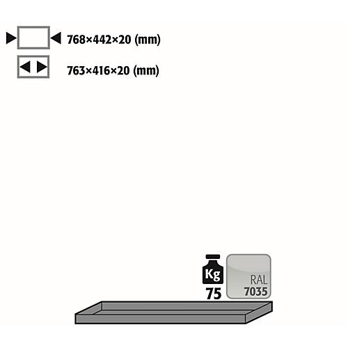 Fachboden Standard für asecos Sicherheitsschränke der UB90 Serie, Stahlblech, lichtgrau, B 768 x T 422 x H 20 mm, bis 30 kg