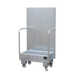 Fahrbare Auffangwanne LPW 60-2, mit Lochplattenwand, aus Stahl, Kapazität 2 x 60-Liter Fass, verzinkt Fahrbare Auffangwanne LPW 60-2, mit Lochplattenwand, aus Stahl, Kapazität 2 x 60-Liter Fass, verzinkt
