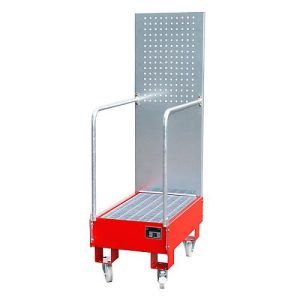 Fahrbare Auffangwanne LPW 60-3, mit Lochplattenwand, aus Stahl, Kapazität 2 x 60-Liter Fass, rot Fahrbare Auffangwanne LPW 60-3, mit Lochplattenwand, aus Stahl, Kapazität 2 x 60-Liter Fass, rot