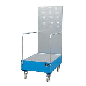 Fahrbare Auffangwanne mit Lochplattenwand, aus Stahl, Kapazität 2 x 200-Liter Fässer, blau lackiert Fahrbare Auffangwanne mit Lochplattenwand, aus Stahl, Kapazität 2 x 200-Liter Fässer, blau lackiert