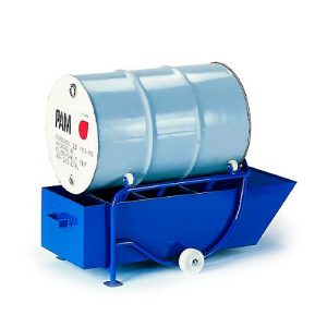 Fasskippbock 200 l, mit 2 Standfüßen und Ölauffangwanne, Fassauflage: 4 Polyamidrollen Fasskippbock 200 l, mit 2 Standfüßen und Ölauffangwanne, Fassauflage: 4 Polyamidrollen