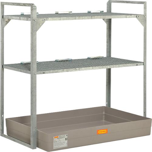 Fassregal Typ 360, für 6 Fässer à 60 l, 2 Gitterrostebenen, 6 Fassauflagen & GFK-Auffangwanne für 150 l