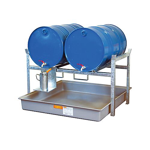 Fassregal Typ 800 Variante 1 CEMO, mit Fassauflage und Auffangwanne, für 2 x 200-L-Fässer, B 1410 x H 840 x T 1280 mm