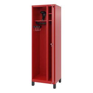 Feuerwehrspind C+P Evolo Kombi, 2 Abteile für 1 Person, mit Helmhalter, Füße, B 600 x T 500 x H 1950 mm, RAL 3000 Feuerrot/RAL 7021 Schwarzgrau