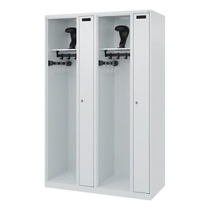Feuerwehrspind C+P Evolo Kombi, 4 Abteile für 2 Personen, mit Helmhalter, Bodengleiter, B 1200 x T 500 x H 1850 mm, RAL 7035 Lichtgrau