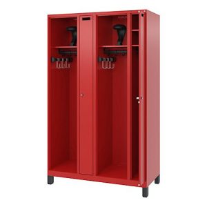 Feuerwehrspind C+P Evolo Kombi, 4 Abteile für 2 Personen, mit Helmhalter, Füße, B 1200 x T 500 x H 1950 mm, RAL 3000 Feuerrot/RAL 7021 Schwarzgrau