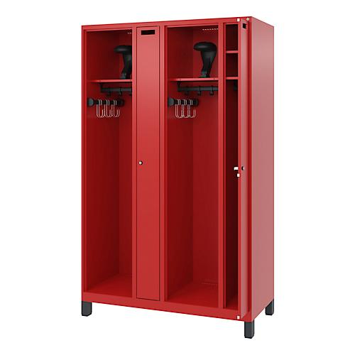 Feuerwehrspind C+P Evolo Kombi, 4 Abteile für 2 Personen, mit Helmhalter, Füße, B 1200 x T 500 x H 1950 mm, RAL 3000 Feuerrot/RAL 7021 Schwarzgrau
