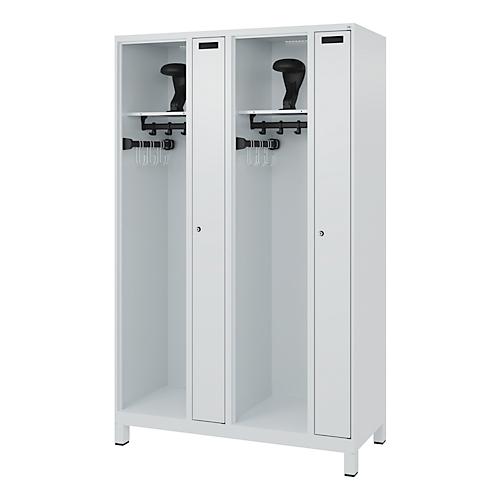 Feuerwehrspind C+P Evolo Kombi, 4 Abteile für 2 Personen, mit Helmhalter, Füße, B 1200 x T 500 x H 1950 mm, RAL 7035 Lichtgrau