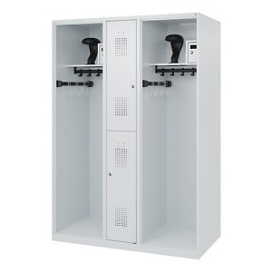 Feuerwehrspind C+P Evolo Maxi, 4 Abteile für 2 Personen, mit Helmhalter, Bodengleiter, B 1300 x T 600 x H 1850 mm, RAL 7035 Lichtgrau