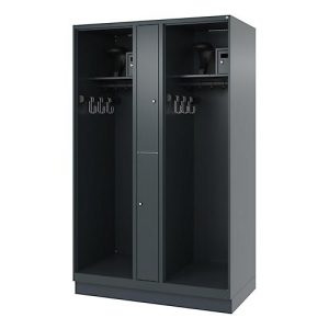 Feuerwehrspind C+P Evolo Maxi, 4 Abteile für 2 Personen, mit Helmhalter, mit Sockel, B 1200 x T 600 x H 1950 mm, RAL 7016 Anthrazitgrau