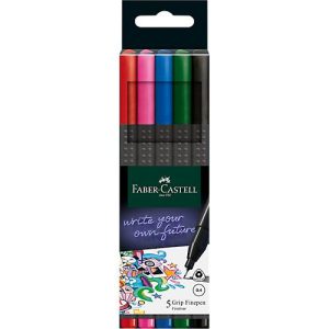 Fineliner FABER-CASTELL Grip, Strichbreite 0,4 mm, ergonomische Griffzone, für Rechts- & Linkshänder, auswaschbar, farbsortiert, 5 Stück in Kartonetui Fineliner FABER-CASTELL Grip, Strichbreite 0,4 mm, ergonomische Griffzone, für Rechts- & Linkshänder, auswaschbar, farbsortiert, 5 Stück in Kartonetui