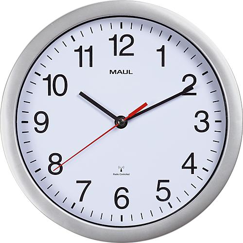 Funk Wanduhr Maul MAULrun, rund, für Innenräume, arabische Zahlen, Minuten & Stundeneinheiten, ∅ 252 mm, Kunststoff & Mineralglas, silber-weiß-schwarz, inkl. Batterie