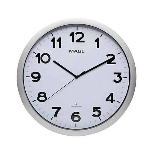 Funk Wanduhr Maul MAULstep, silber, für Innen, schwarze arabische Ziffern, Auto-Zeitumstellung, rund, Ø 350 mm, Kunststoff & Glas, mit Batterie