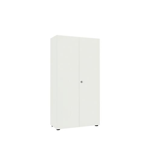 Garderobenschrank, 5 OH, 4 Fachböden, Mitteltrennwand & Kleiderstange, abschließbar, ohne Akustikfront, B 800 x T 450 x H 1930 mm, Spanplatte, weiß