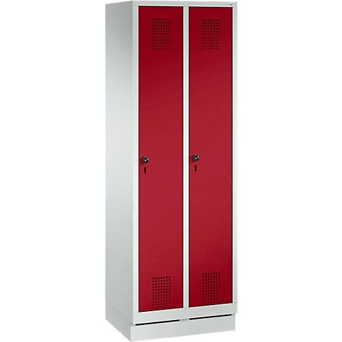 Garderobenspind Evolo S 3000, mit Sockel, 2 Abteile, Sicherheitsdrehriegelverschluss, lichtgrau RAL 7035/rubinrot RAL 3003