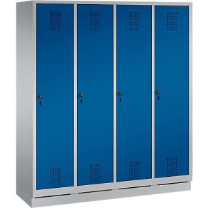 Garderobenspind Evolo S 3000, Stahl, m. Sockel, 4 Abteile m. jew. B 400 mm, Sicherheitsdrehriegelverschluss, weißaluminium RAL 9006/enzianblau RAL 5010
