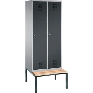 Garderobenspind Evolo S 3000, Stahl, m. untergeb. Sitzbank, 2 Abteile m. jew. B 400 mm, Zylinderschloss, weißaluminium RAL 9006/anthrazit RAL 7016