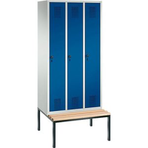 Garderobenspind Evolo S 3000, Stahl, m. untergeb. Sitzbank, 3 Abteile m. jew. B 300 mm, Sicherheitsdrehriegelverschluss, lichtgrau RAL 7035/enzianblau RAL 5010