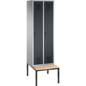 Garderobenspind Evolo S 3000, Stahl, m. untergebauter Sitzbank, 2 Abteile m. jew. B 300 mm, Sicherheitsdrehriegelverschluss, weißaluminium RAL 9006/anthrazit RAL 7016
