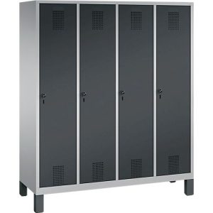 Garderobenspind Evolo S 3000, Stahl, mit Füßen, 4 Abteile mit jeweils B 400 mm, Drehriegel, weißaluminium RAL 9006/anthrazit RAL 7016