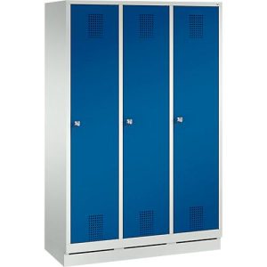 Garderobenspind Evolo S 3000, Stahl, mit Sockel, 3 Abteile mit jeweils B 400 mm, Zylinderschloss, lichtgrau RAL 7035/enzianblau RAL 5010