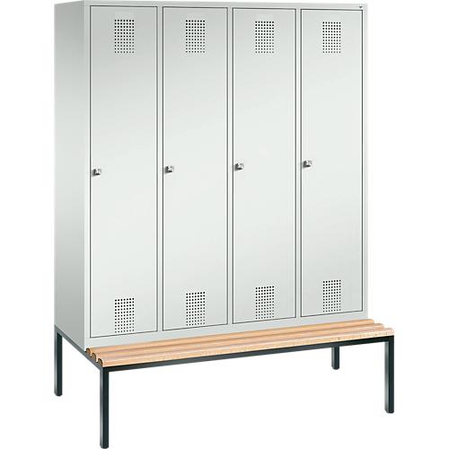 Garderobenspind Evolo S 3000, Stahl, Sitzbank, 4 Abteile mit jew. B 400 mm, Zylinderschloss, lichtgrau RAL 7035/lichtgrau RAL 7035