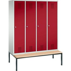 Garderobenspind Evolo S 3000, Stahl, Sitzbank, 4 Abteile mit jew. B 400 mm, Zylinderschloss, lichtgrau RAL 7035/rubinrot RAL 3003 Garderobenspind Evolo S 3000, Stahl, Sitzbank, 4 Abteile mit jew. B 400 mm, Zylinderschloss, lichtgrau RAL 7035/rubinrot RAL 3003