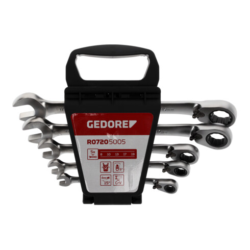 Gedore red Maul-Ringratschenschlüssel-Satz, umschaltbar, Set 5-tlg, SW 8-19 mm, abgewinkelt, Schraubenschlüssel, R07205005