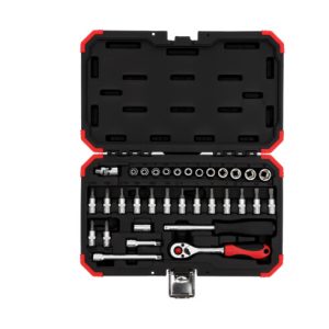 Gedore red Steckschlüsselsatz, 33-teilig, Mit Umschaltknarre, Ratsche, Steckschlüssel und Bitsatz, 1/4″