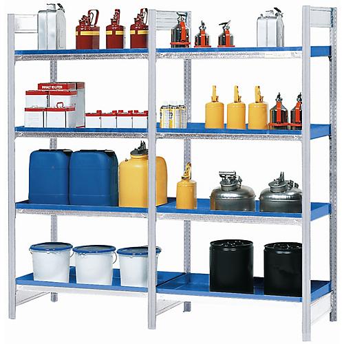 Gefahrstoffregal asecos RWW 1064, B 1060 x T 640 x H 2000 mm, mit 4 30 l Wannenböden aus lackiertem Stahl