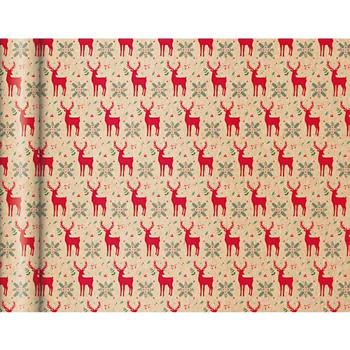 Geschenkpapier Clairefontaine Rote Rentiere, für Weihnachten, braun-rot mit Rentierdekor, 5 Tinyrollen mit jeweils L 5 m x B 350 mm