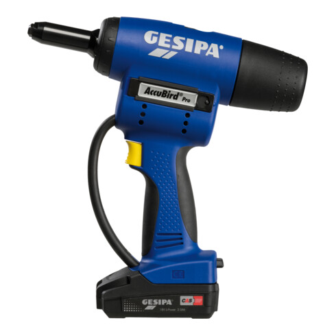 Gesipa Akku-Blindniet-Setzgerät AccuBird Pro mit Andrückauslösung / mit 1 Li-Ion Akku 18V - 2,0 Ah / Ladegerät in L-Boxx